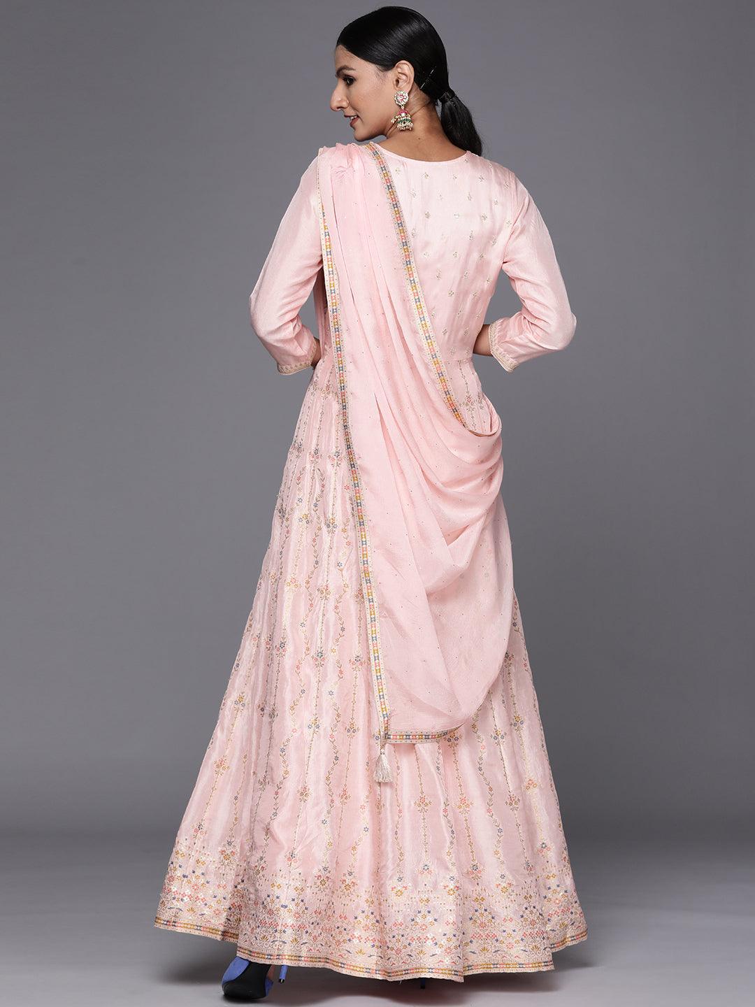 Pink Embroidered Silk Anarkali Suit Set