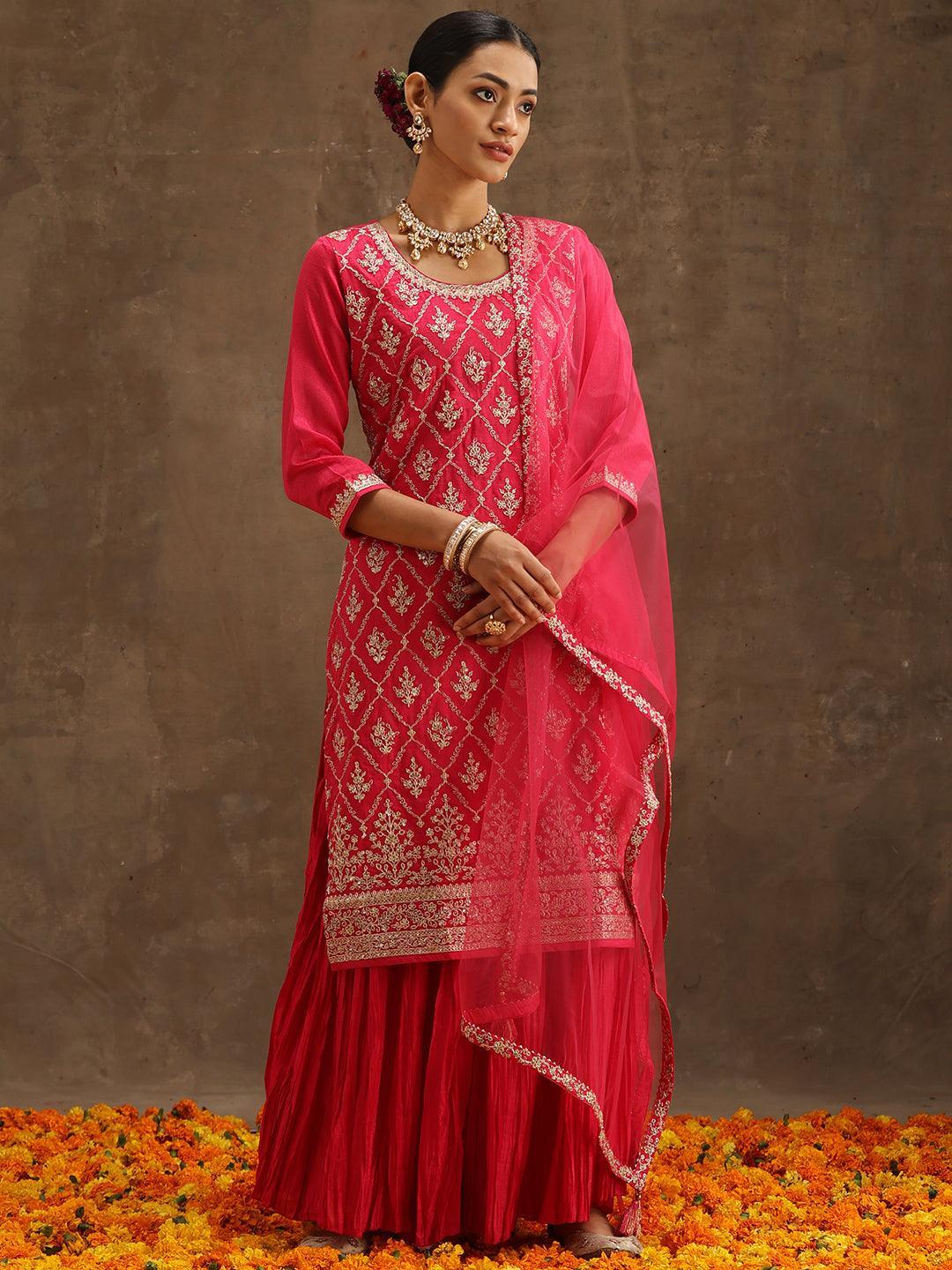 Pink Embroidered Silk Blend Straight Suit Set With Sharara - ShopLibas