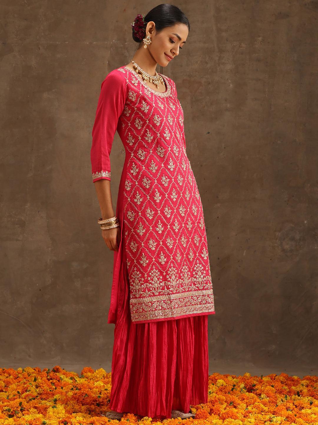 Pink Embroidered Silk Blend Straight Suit Set With Sharara - ShopLibas