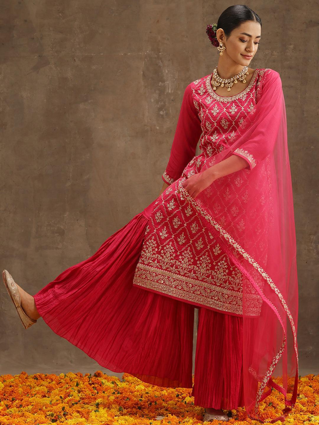 Pink Embroidered Silk Blend Straight Suit Set With Sharara - ShopLibas