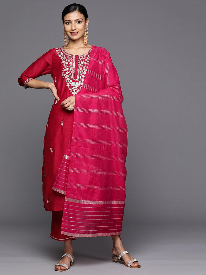 Pink Embroidered Silk Blend Straight Kurta With Trousers & Dupatta - Libas