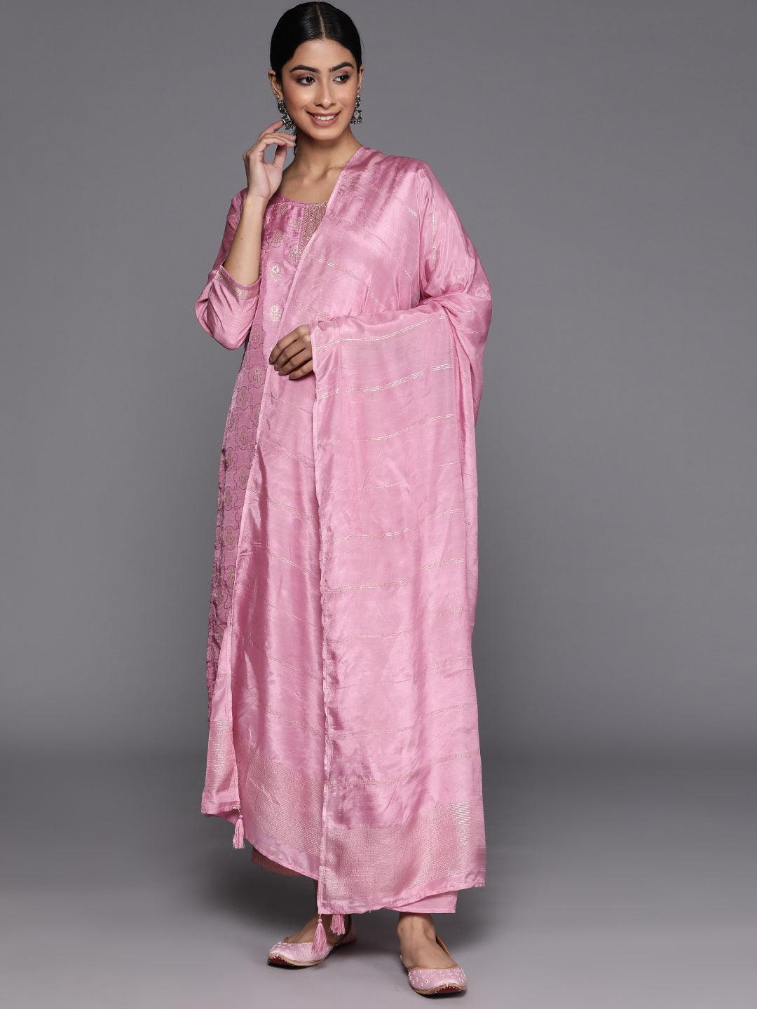 Pink Embroidered Silk Blend Suit Set With Trousers