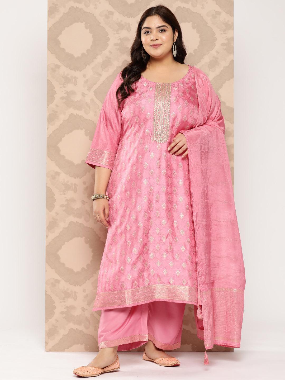 Pink Embroidered Silk Blend Straight Kurta With Trousers and Dupatta