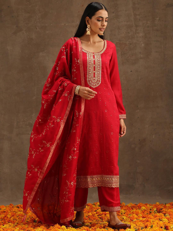 Pink Embroidered Silk Blend Suit Set With Trousers - ShopLibas