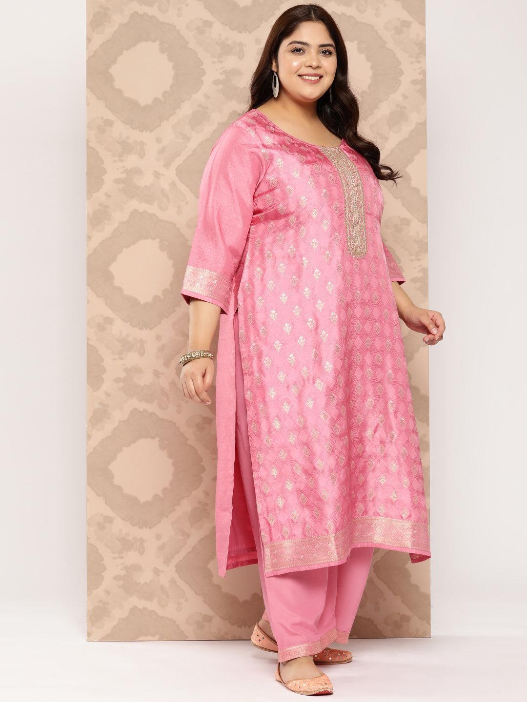 Pink Embroidered Silk Blend Straight Kurta With Trousers and Dupatta