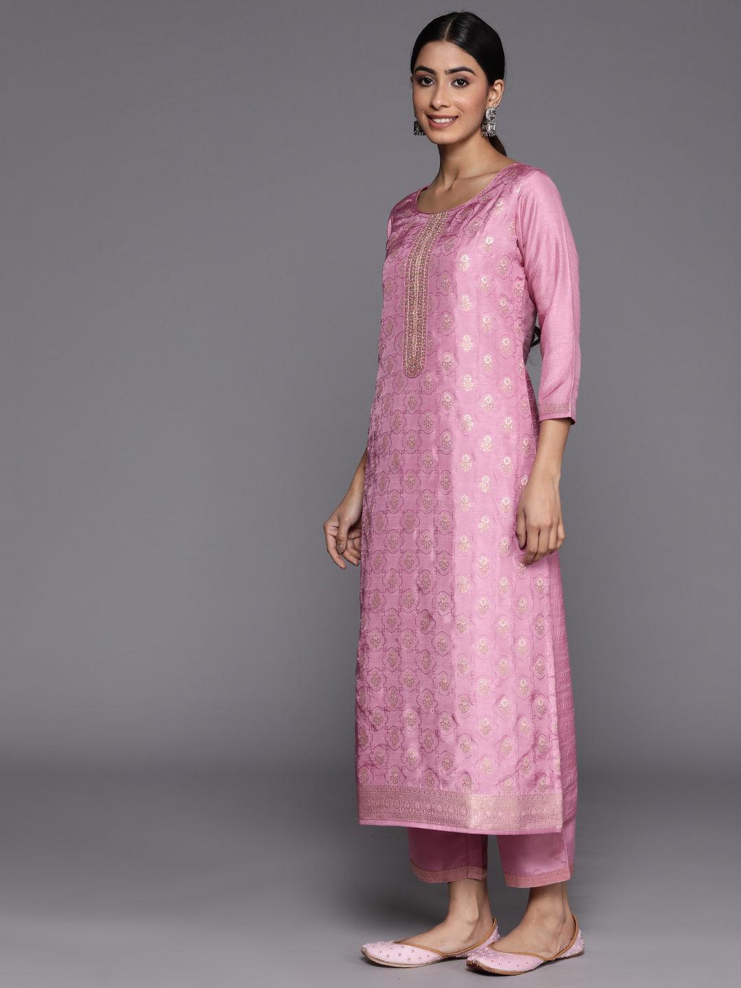 Pink Embroidered Silk Blend Suit Set With Trousers