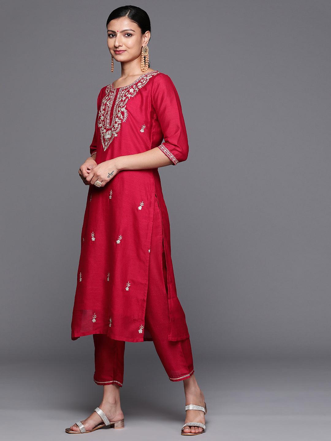 Pink Embroidered Silk Blend Straight Kurta With Trousers & Dupatta - Libas