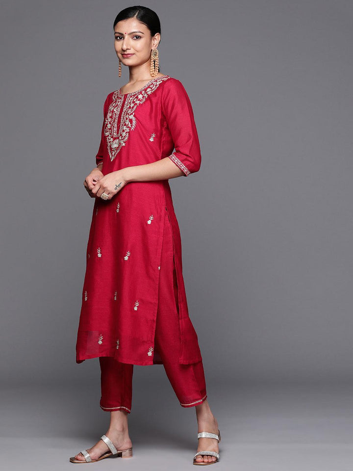 Pink Embroidered Silk Blend Straight Kurta With Trousers & Dupatta - Libas