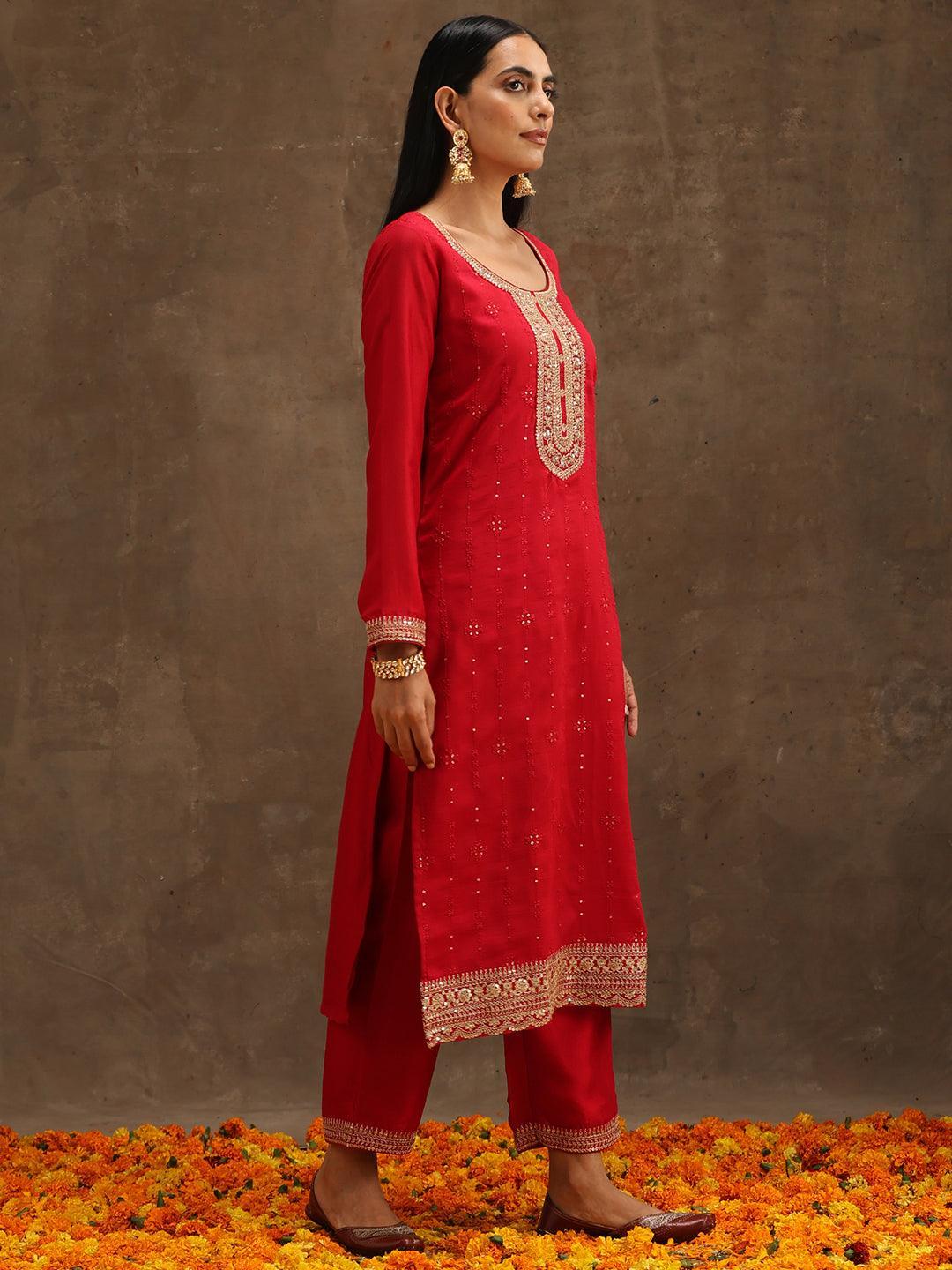 Pink Embroidered Silk Blend Suit Set With Trousers