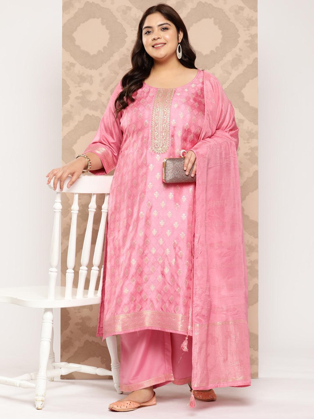 Pink Embroidered Silk Blend Straight Kurta With Trousers and Dupatta