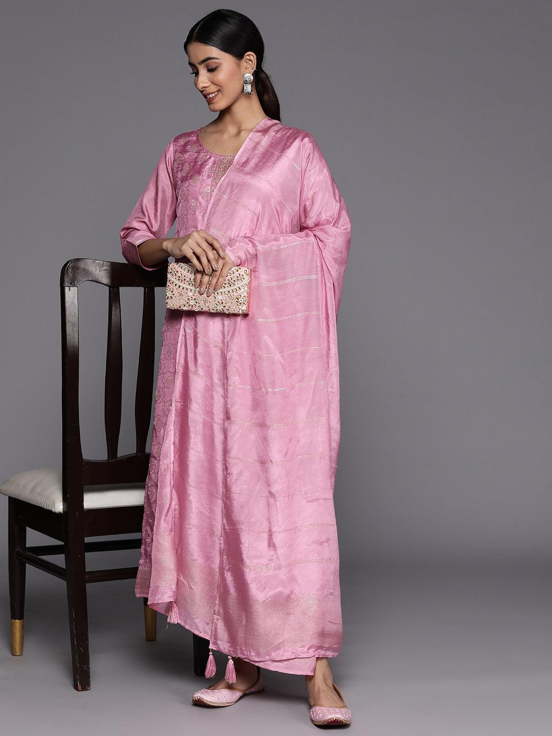 Pink Embroidered Silk Blend Suit Set With Trousers