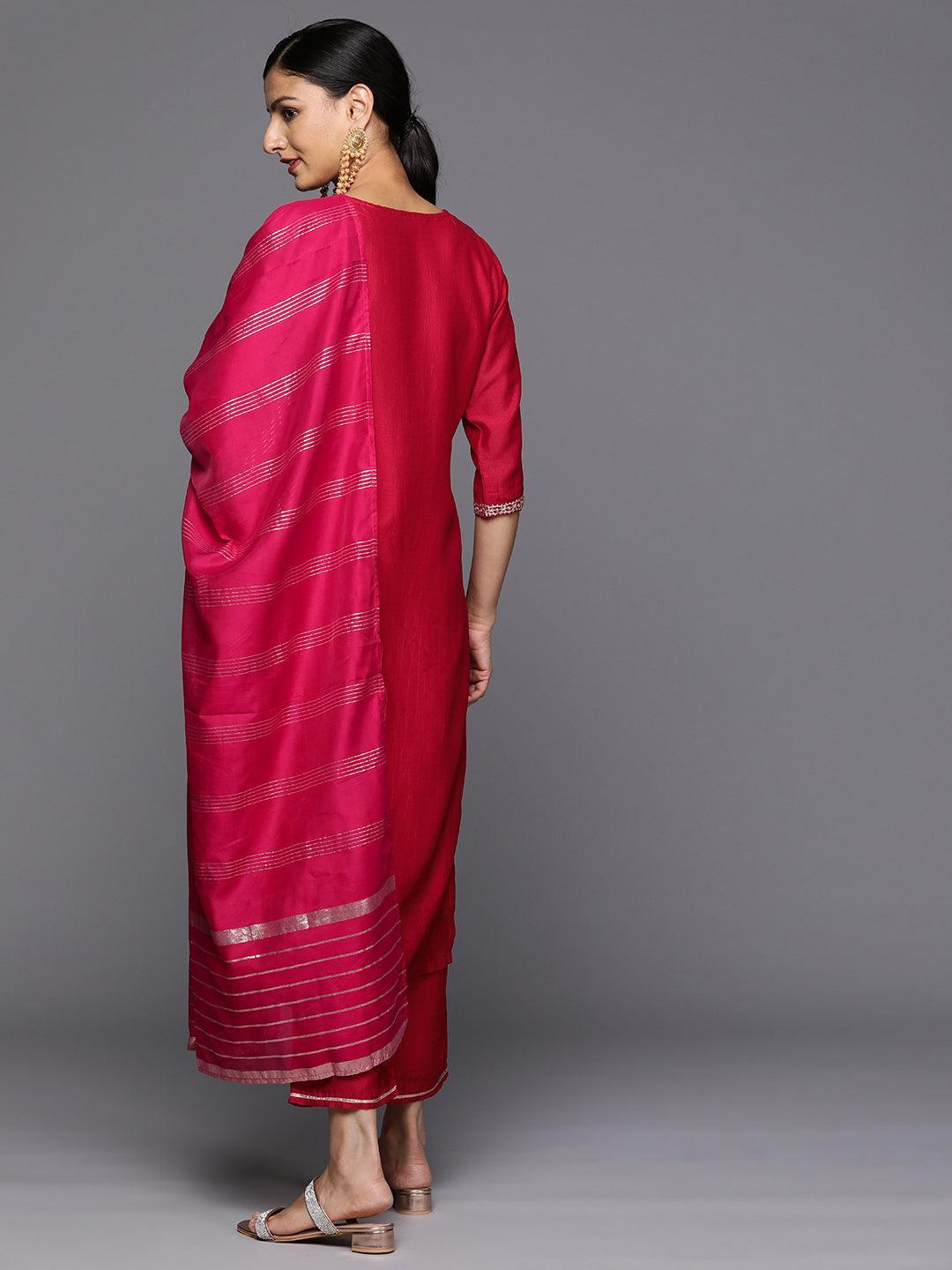 Pink Embroidered Silk Blend Straight Kurta With Trousers & Dupatta - Libas