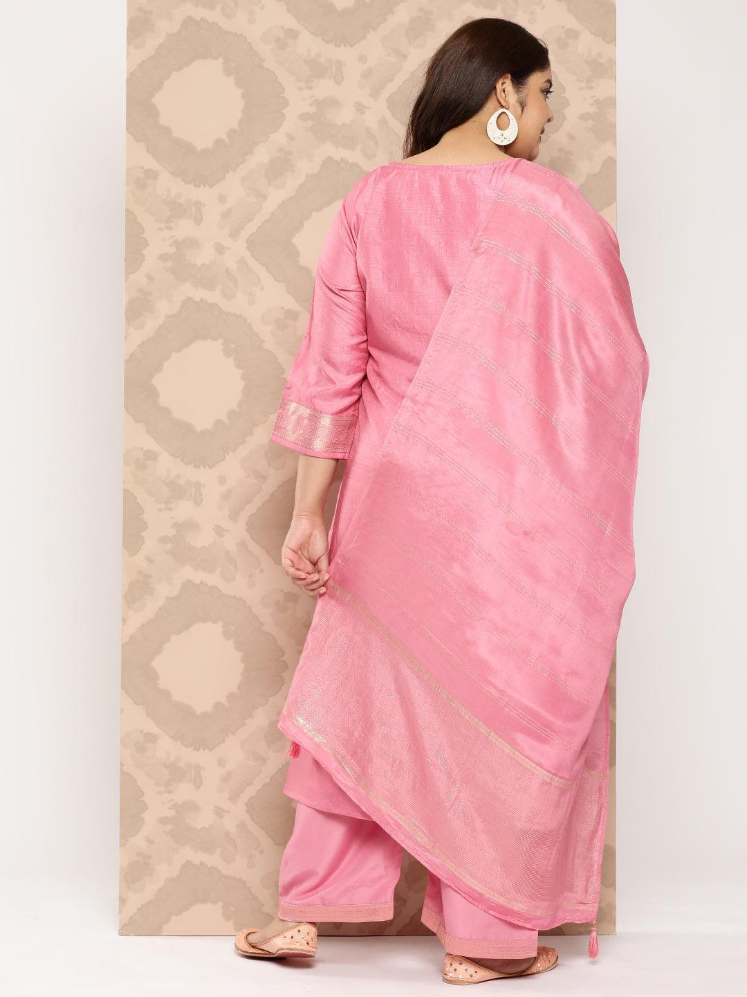 Pink Embroidered Silk Blend Straight Kurta With Trousers and Dupatta