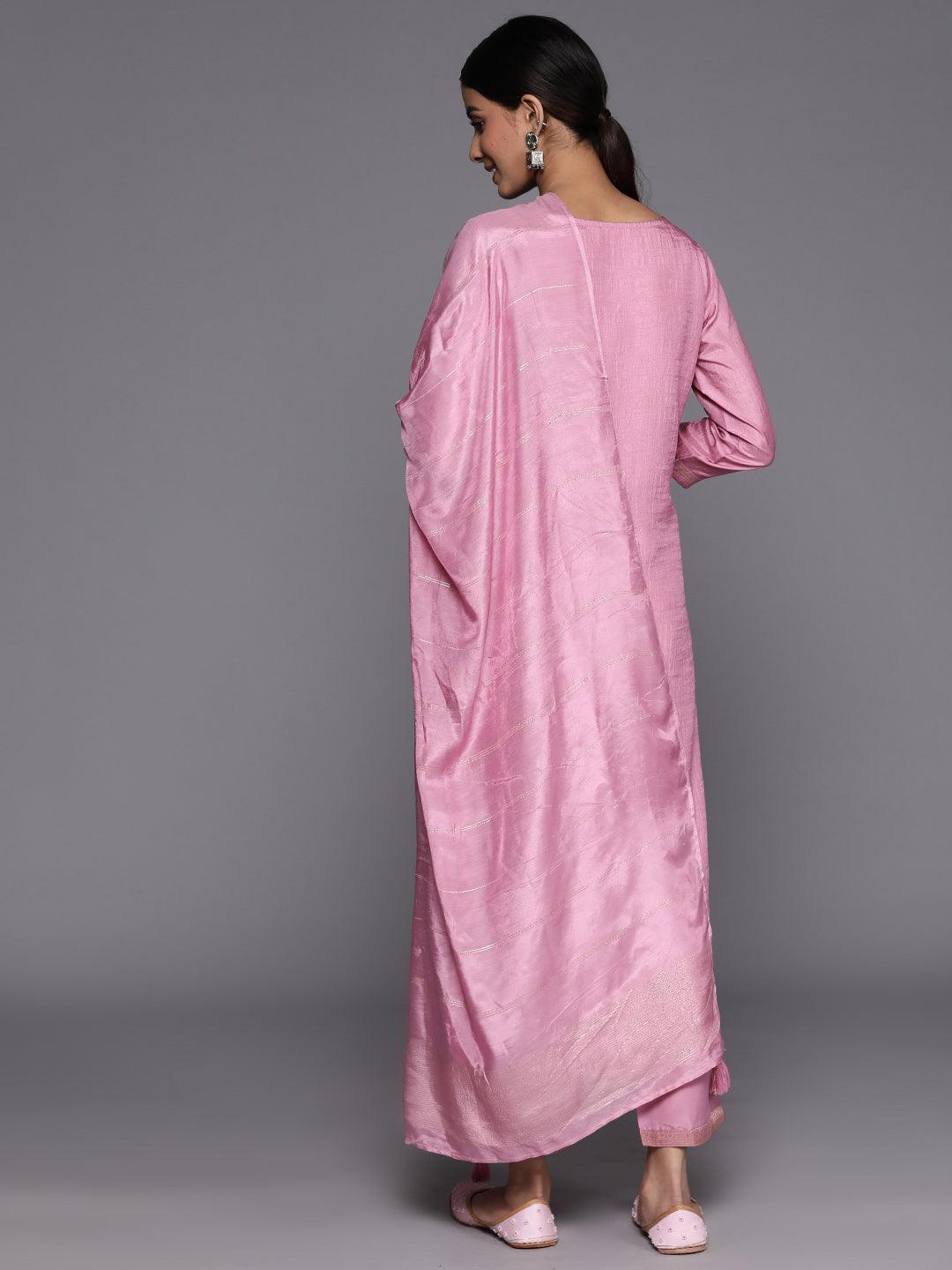 Pink Embroidered Silk Blend Suit Set With Trousers