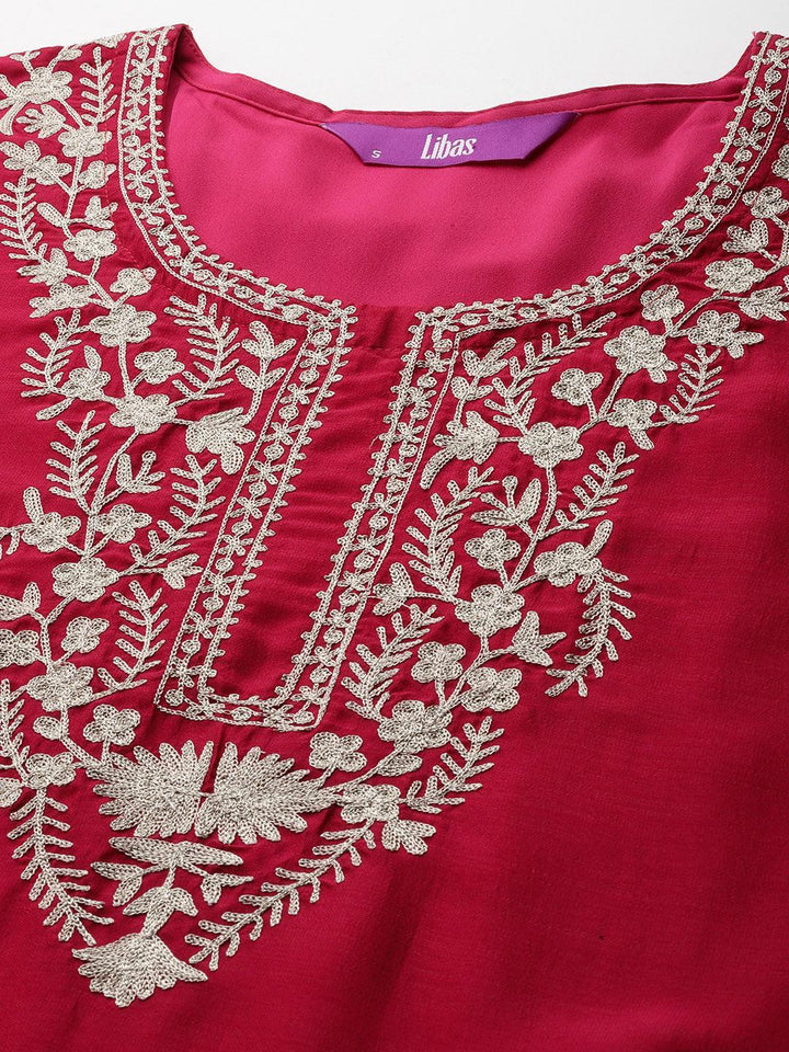 Pink Embroidered Silk Blend Straight Kurta With Trousers & Dupatta - Libas