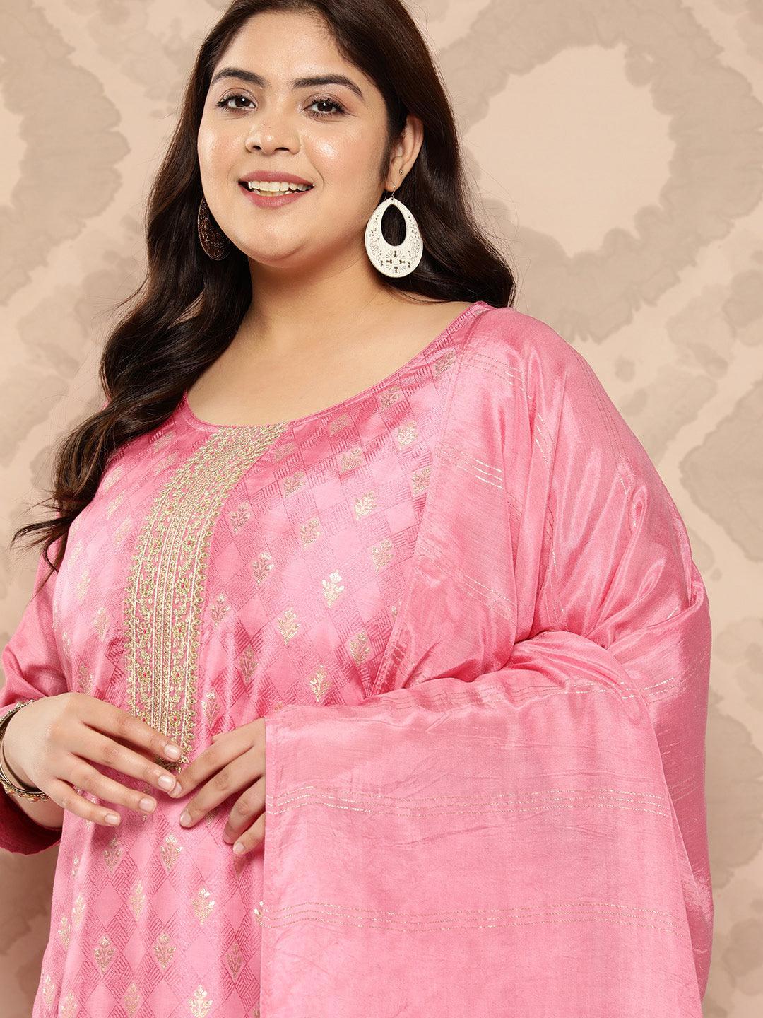 Pink Embroidered Silk Blend Straight Kurta With Trousers and Dupatta