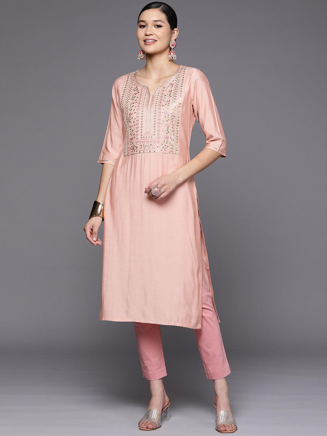 Pink Embroidered Silk Straight Kurta