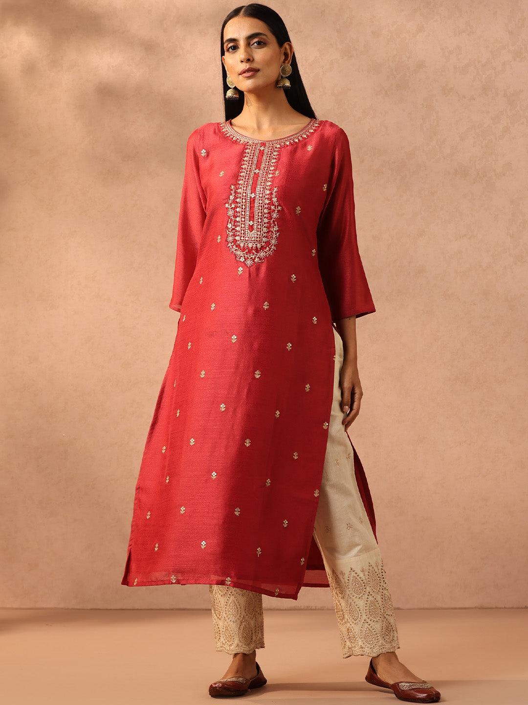 Pink Embroidered Silk Straight Kurta