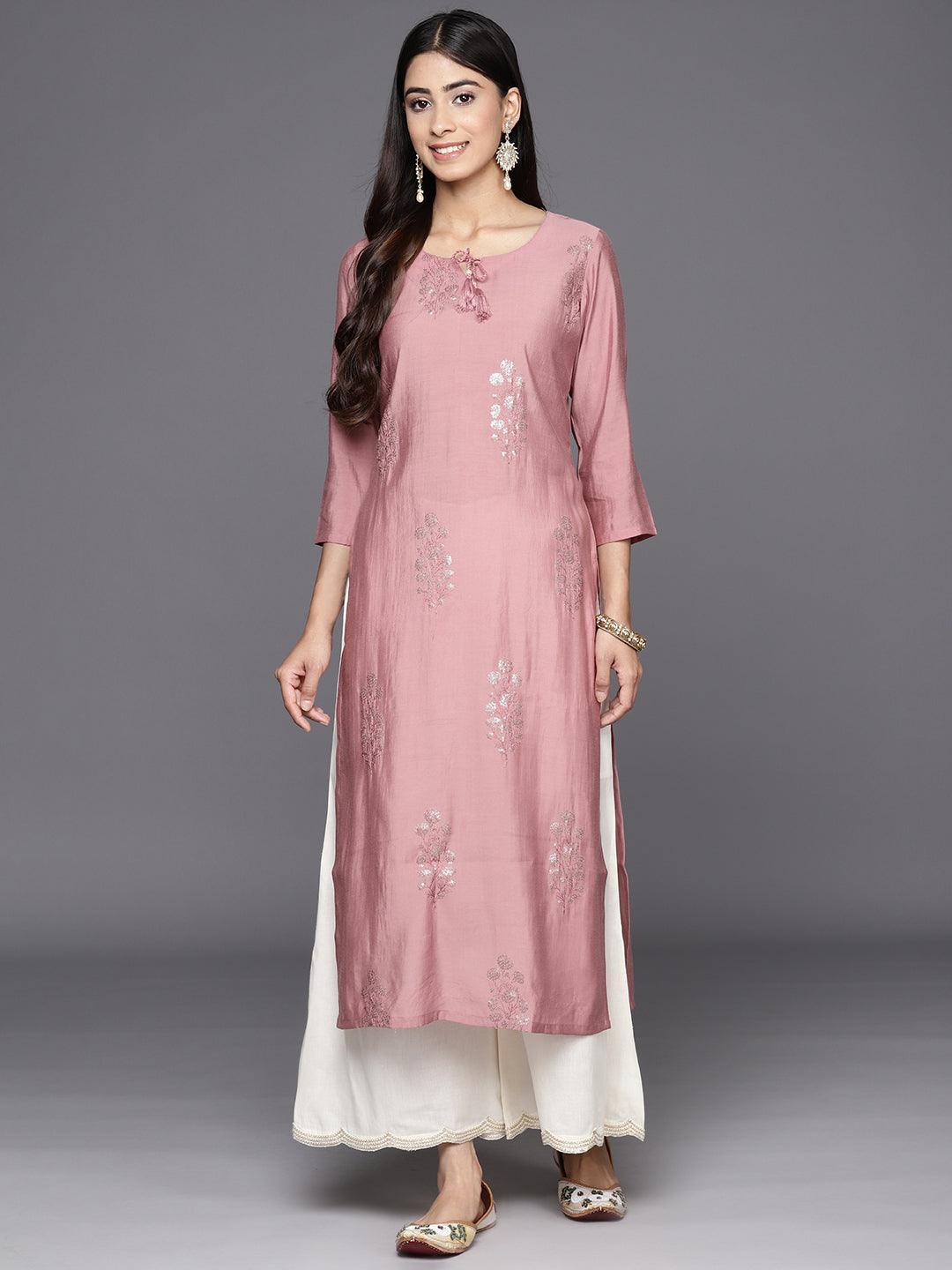 Pink Embroidered Silk Straight Kurta