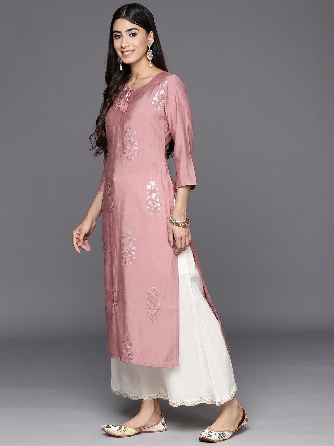 Pink Embroidered Silk Straight Kurta