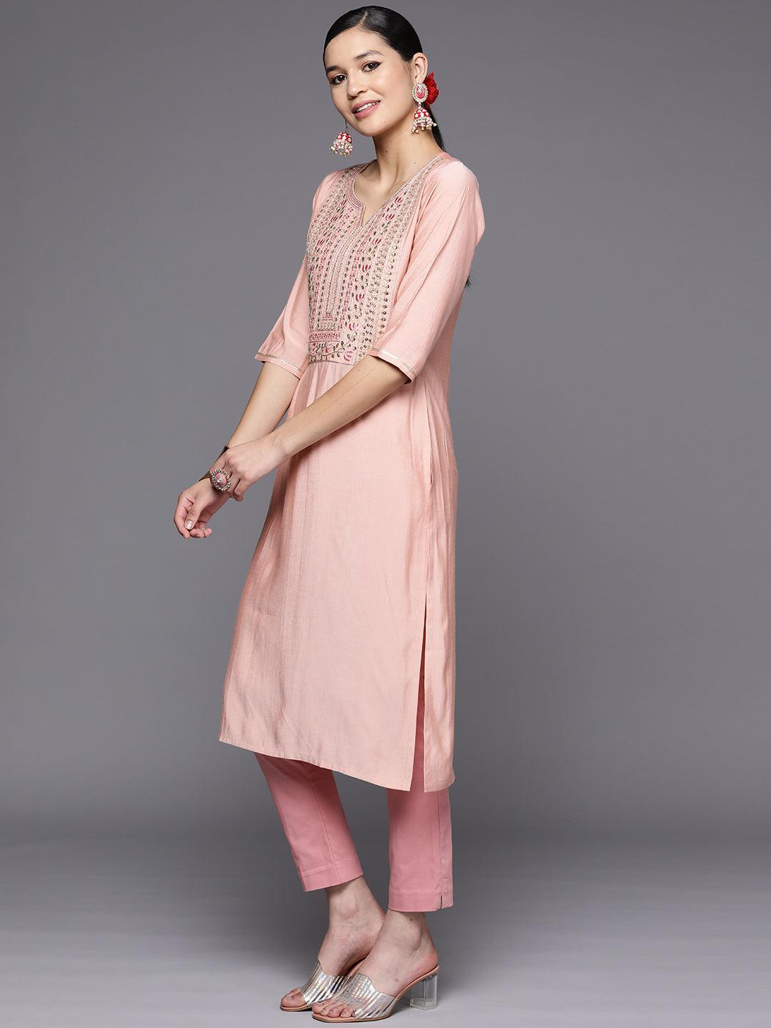 Pink Embroidered Silk Straight Kurta