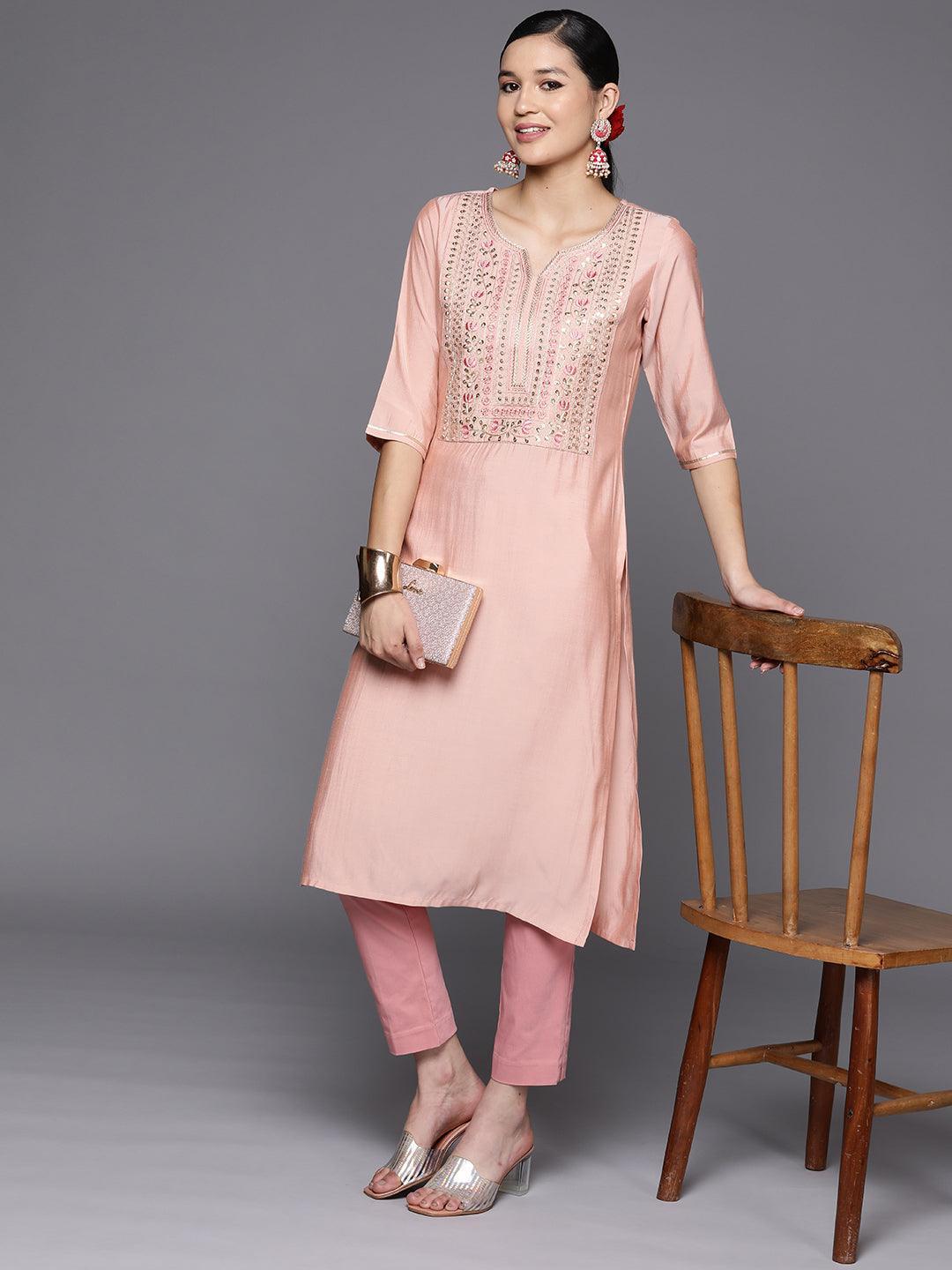 Pink Embroidered Silk Straight Kurta