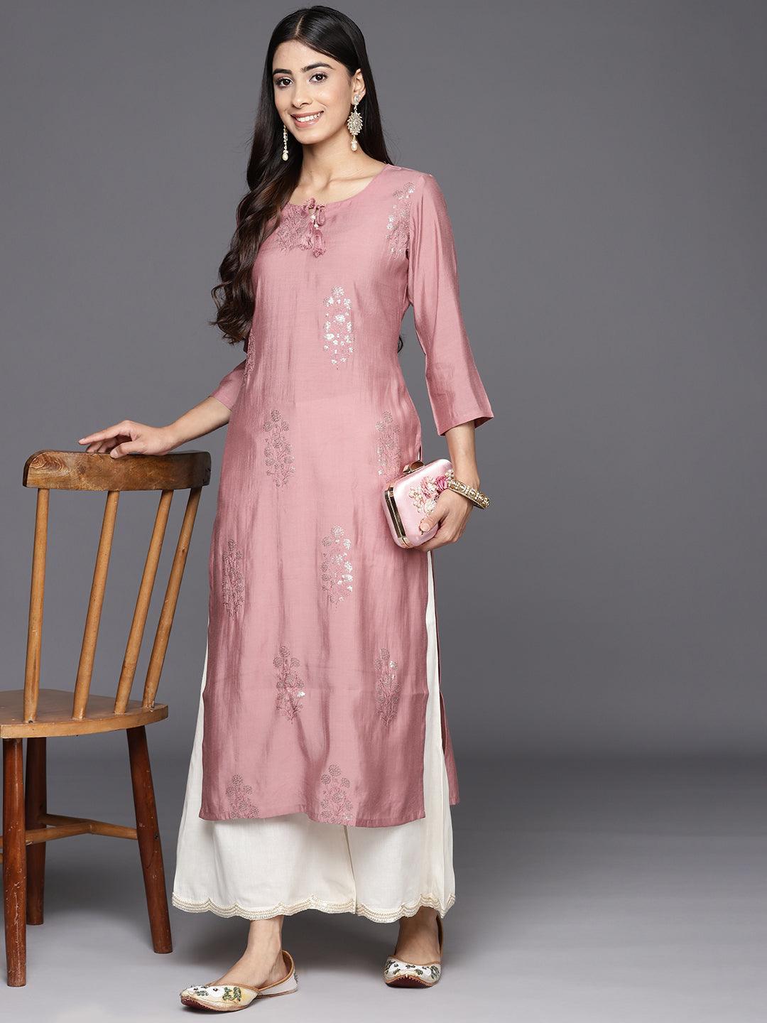 Pink Embroidered Silk Straight Kurta