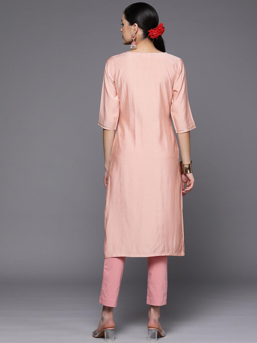 Pink Embroidered Silk Straight Kurta