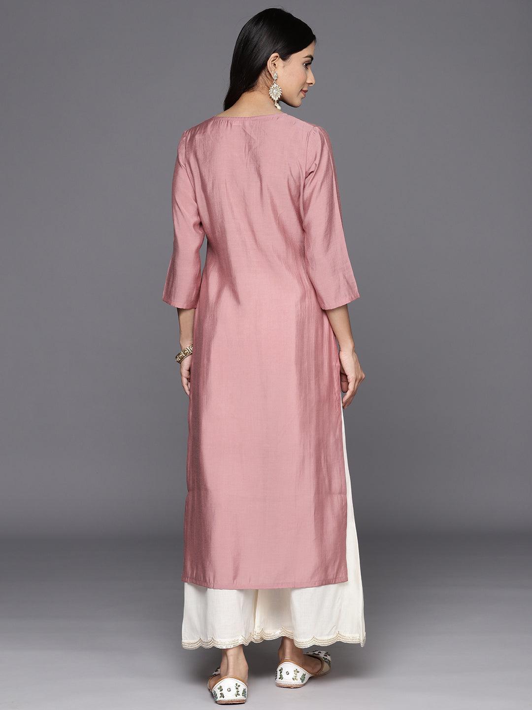 Pink Embroidered Silk Straight Kurta