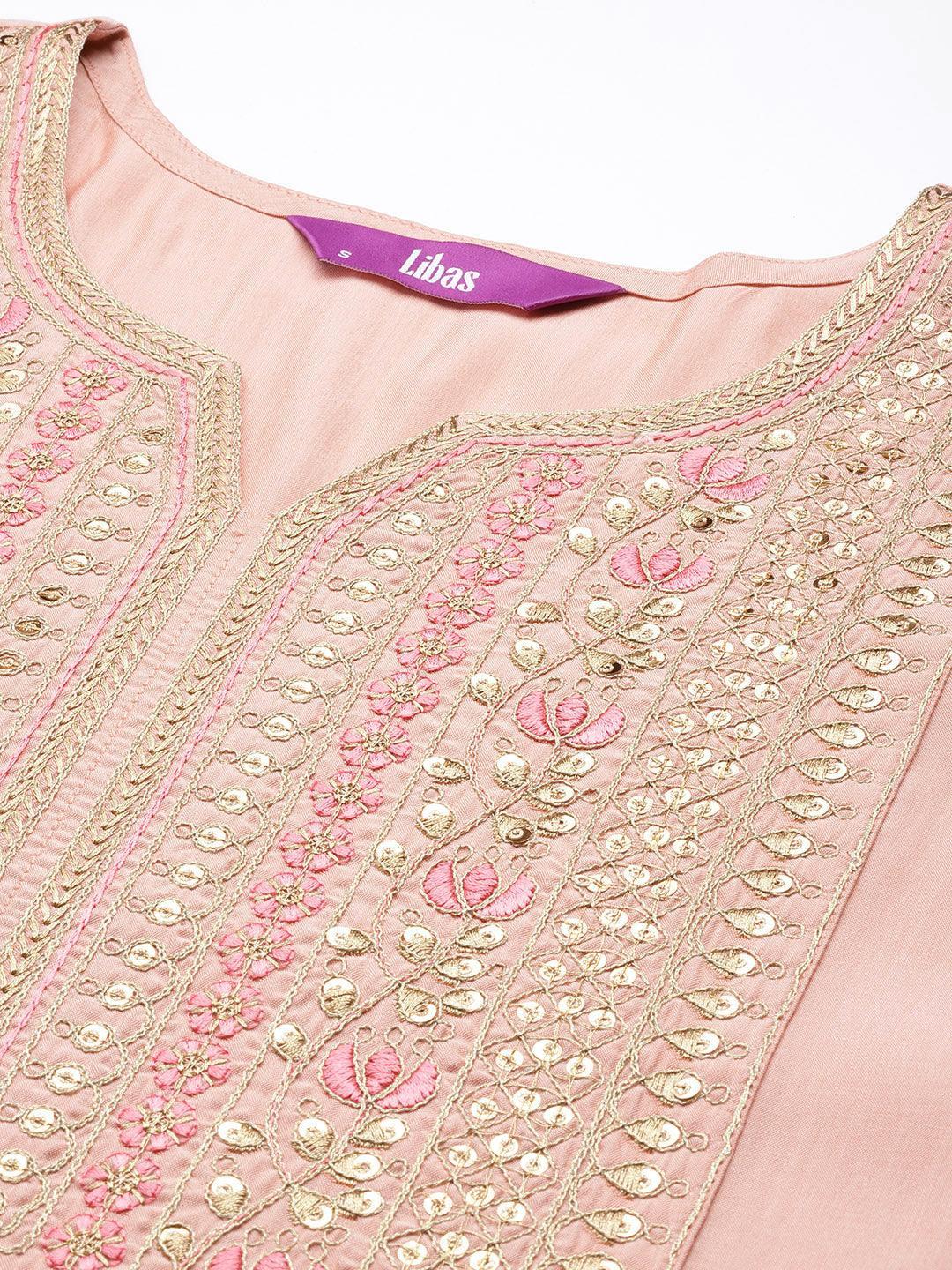 Pink Embroidered Silk Straight Kurta