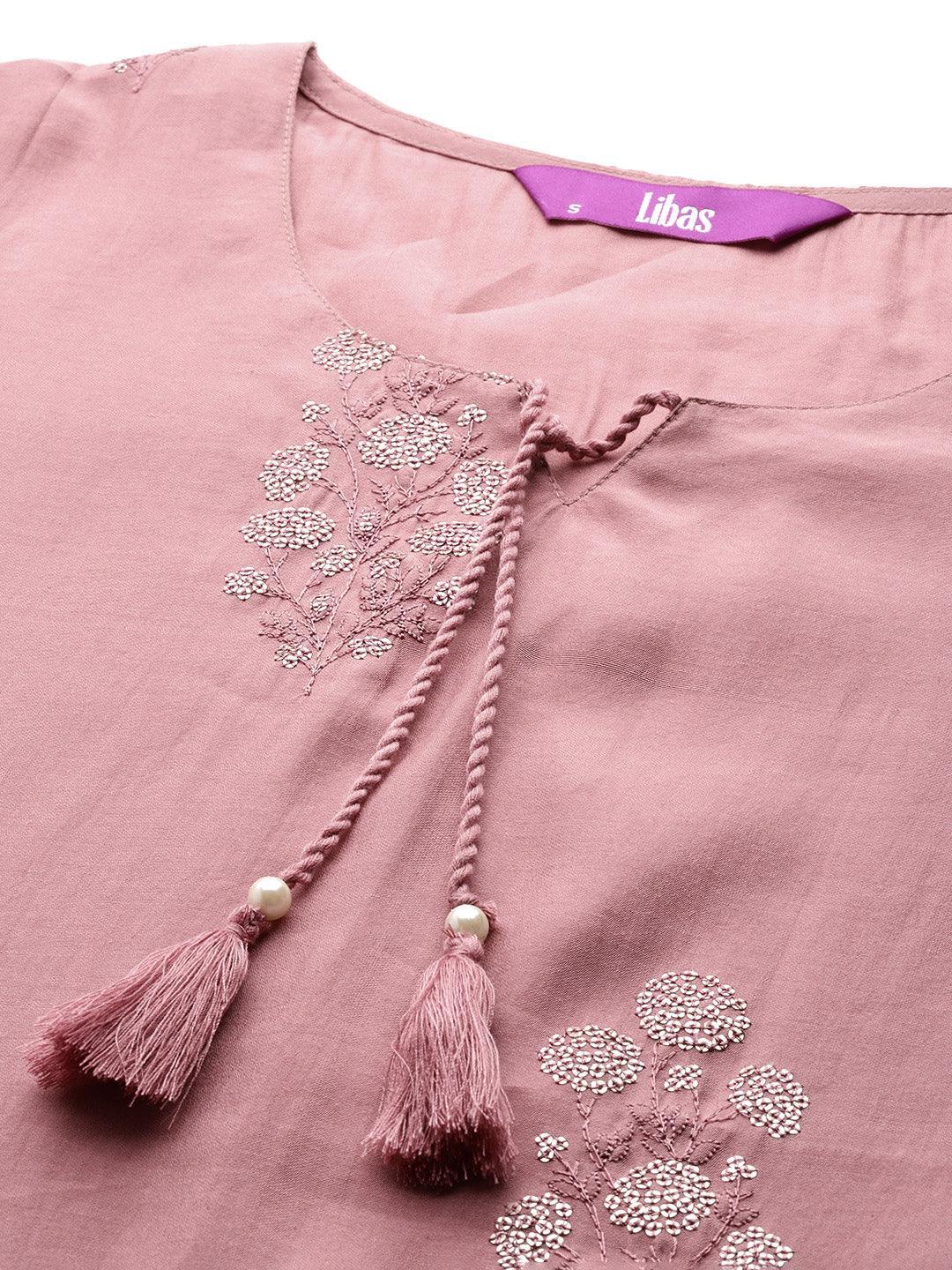 Pink Embroidered Silk Straight Kurta