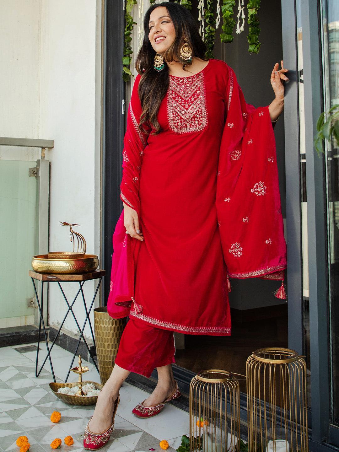 Pink Embroidered Velvet Straight Suit Set