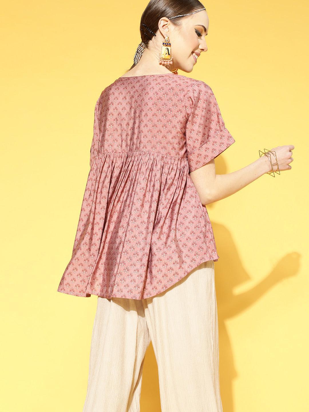 Pink Printed Chanderi Silk Kurti