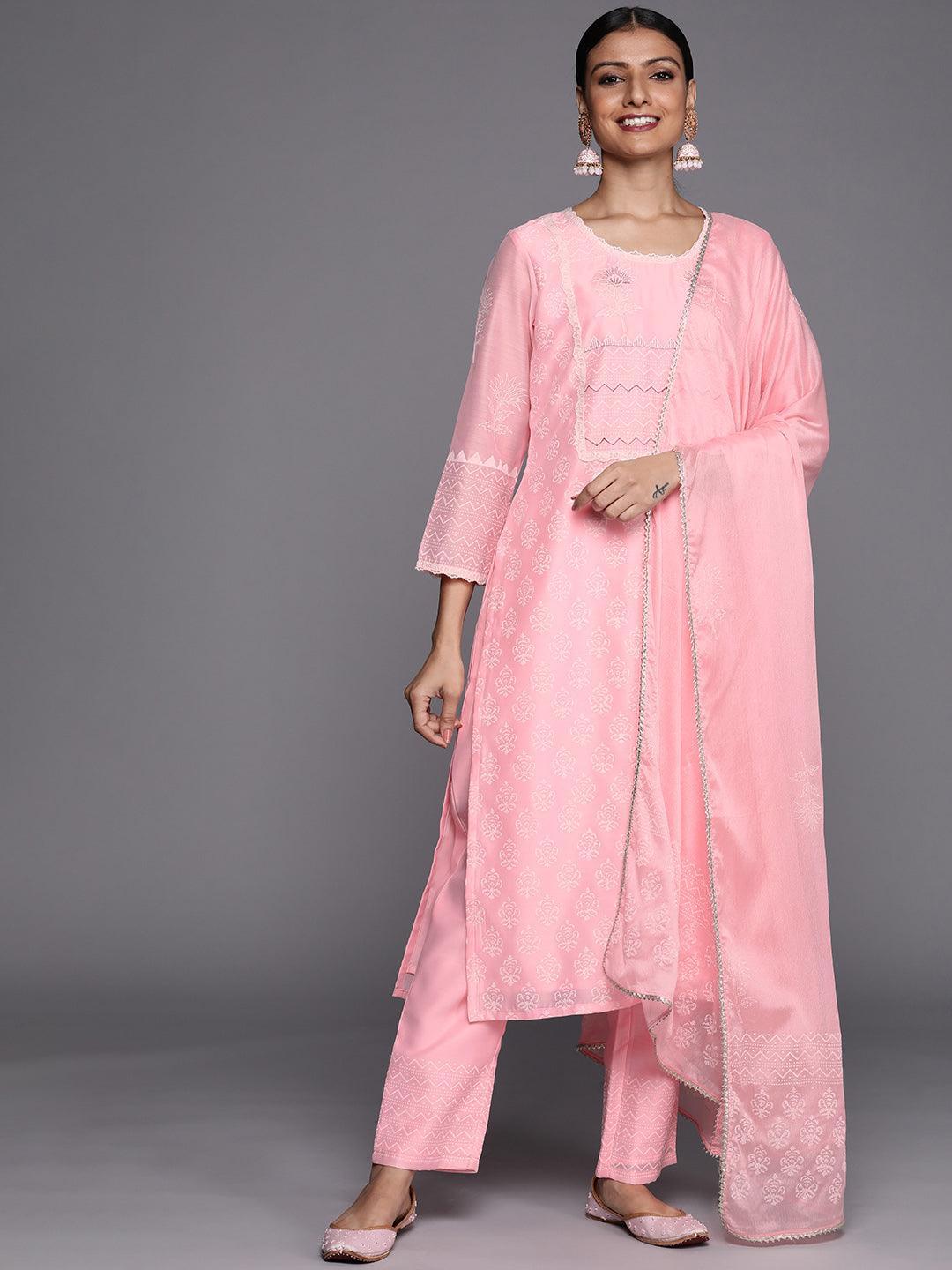 Pink Printed Chanderi Silk Straight Suit Set