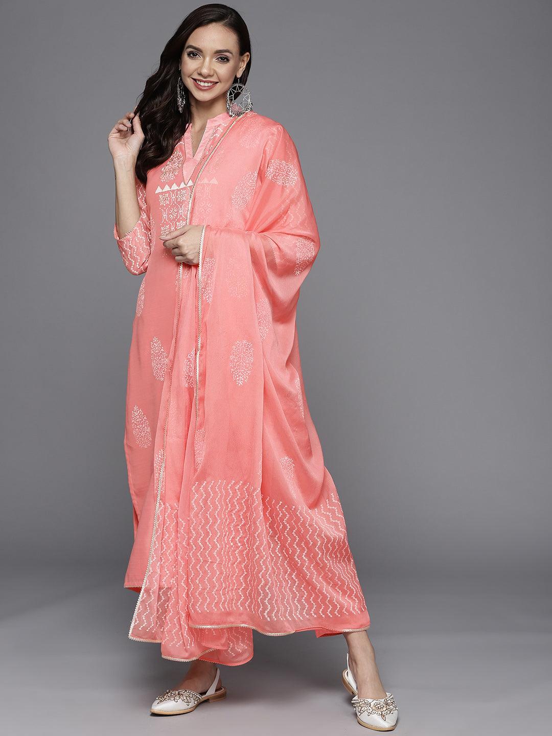 Pink Printed Chanderi Silk Suit Set