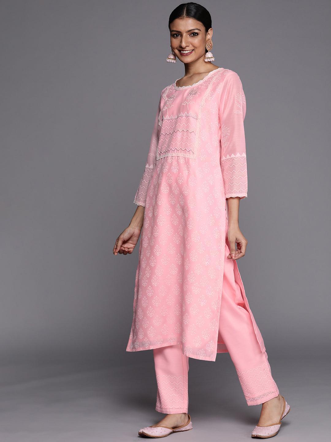 Pink Printed Chanderi Silk Straight Suit Set