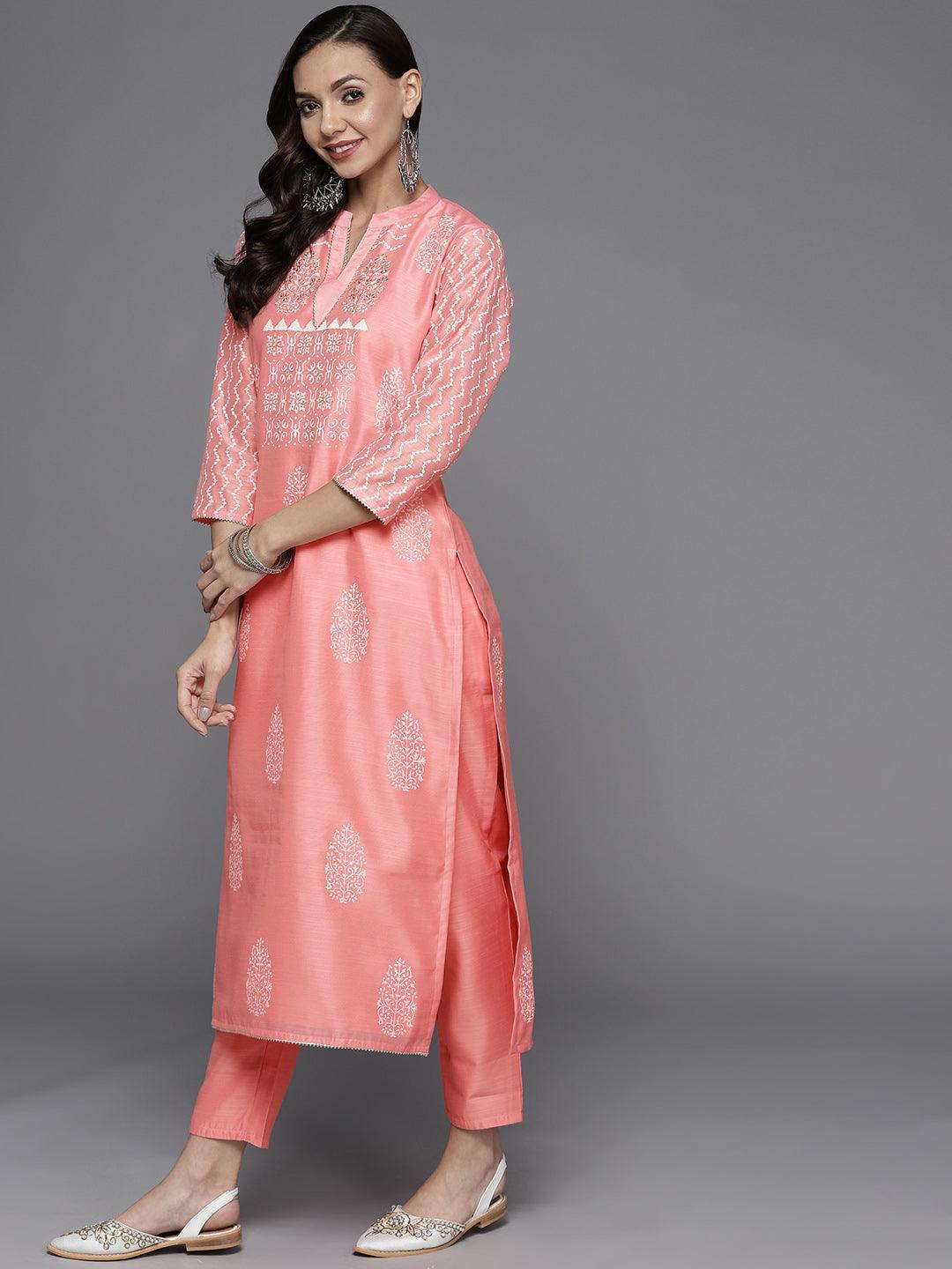 Pink Printed Chanderi Silk Suit Set