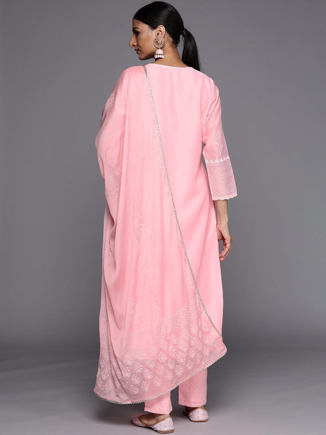 Pink Printed Chanderi Silk Straight Suit Set