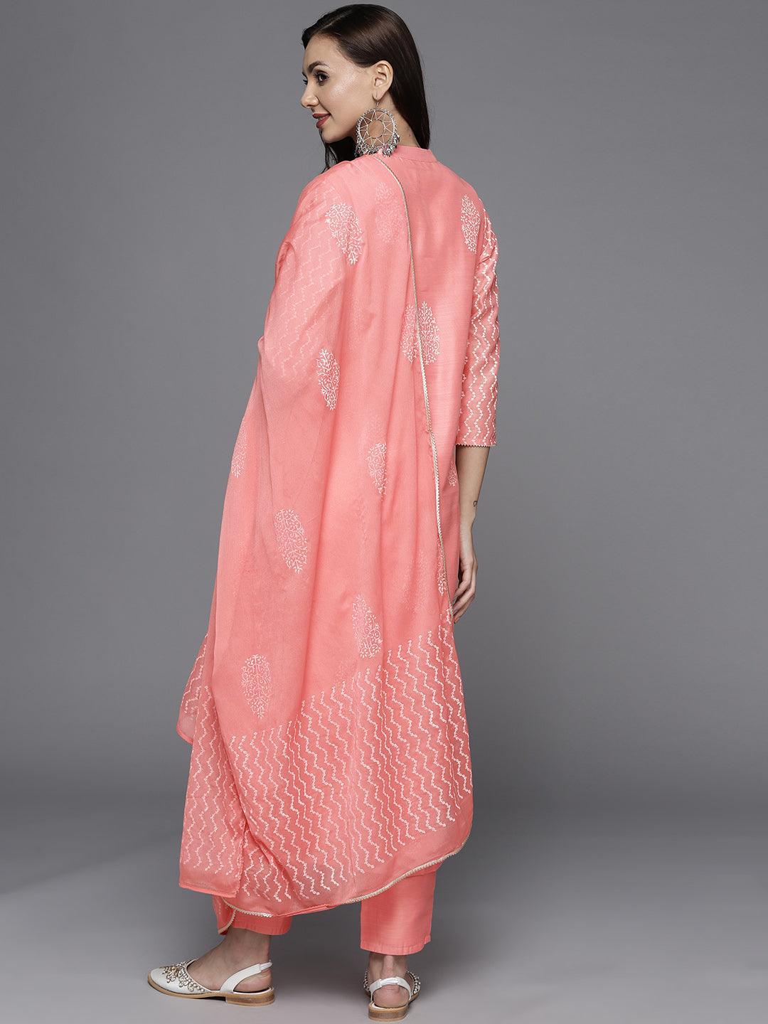 Pink Printed Chanderi Silk Suit Set