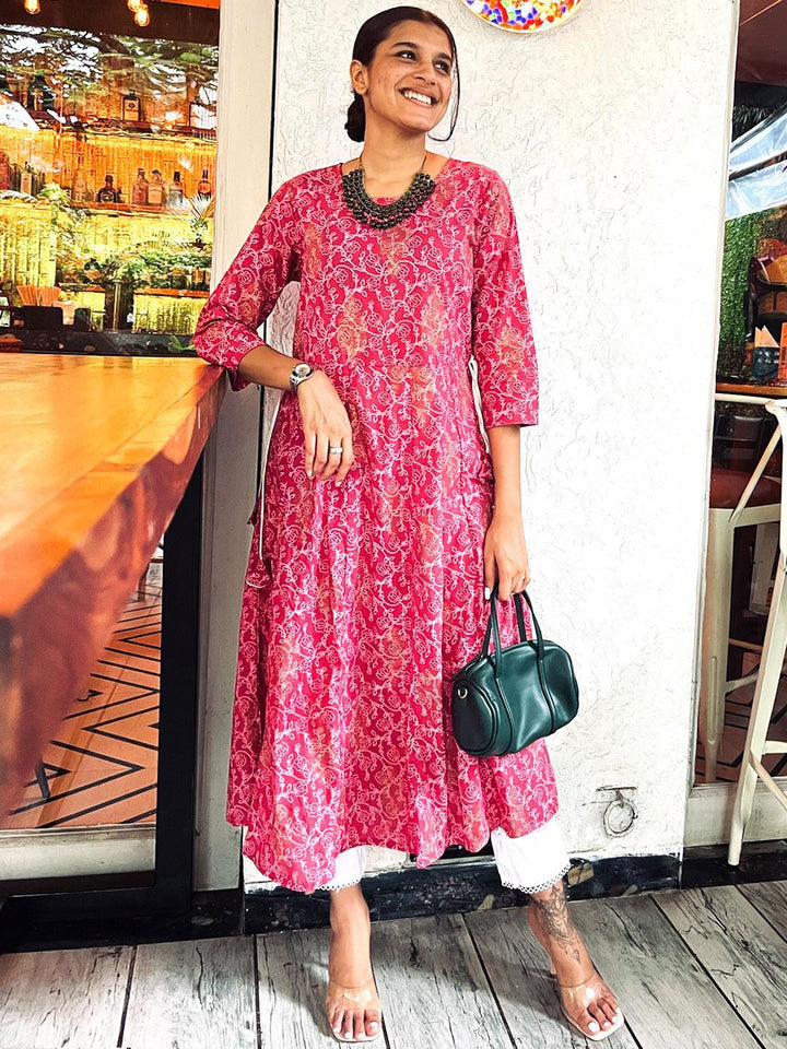 Pink Printed Cotton A-Line Kurta - ShopLibas