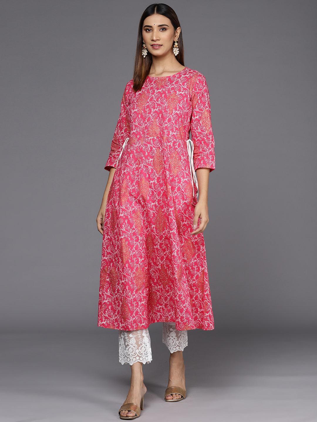 Pink Printed Cotton A-Line Kurta - ShopLibas