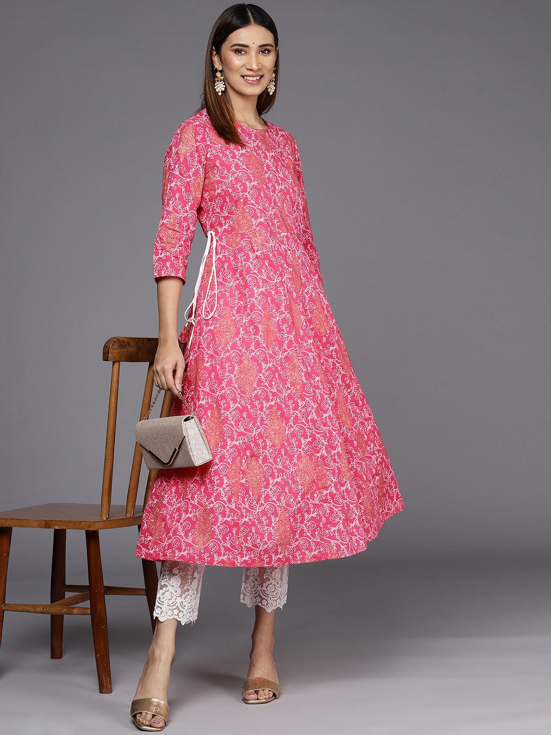 Pink Printed Cotton A-Line Kurta - ShopLibas