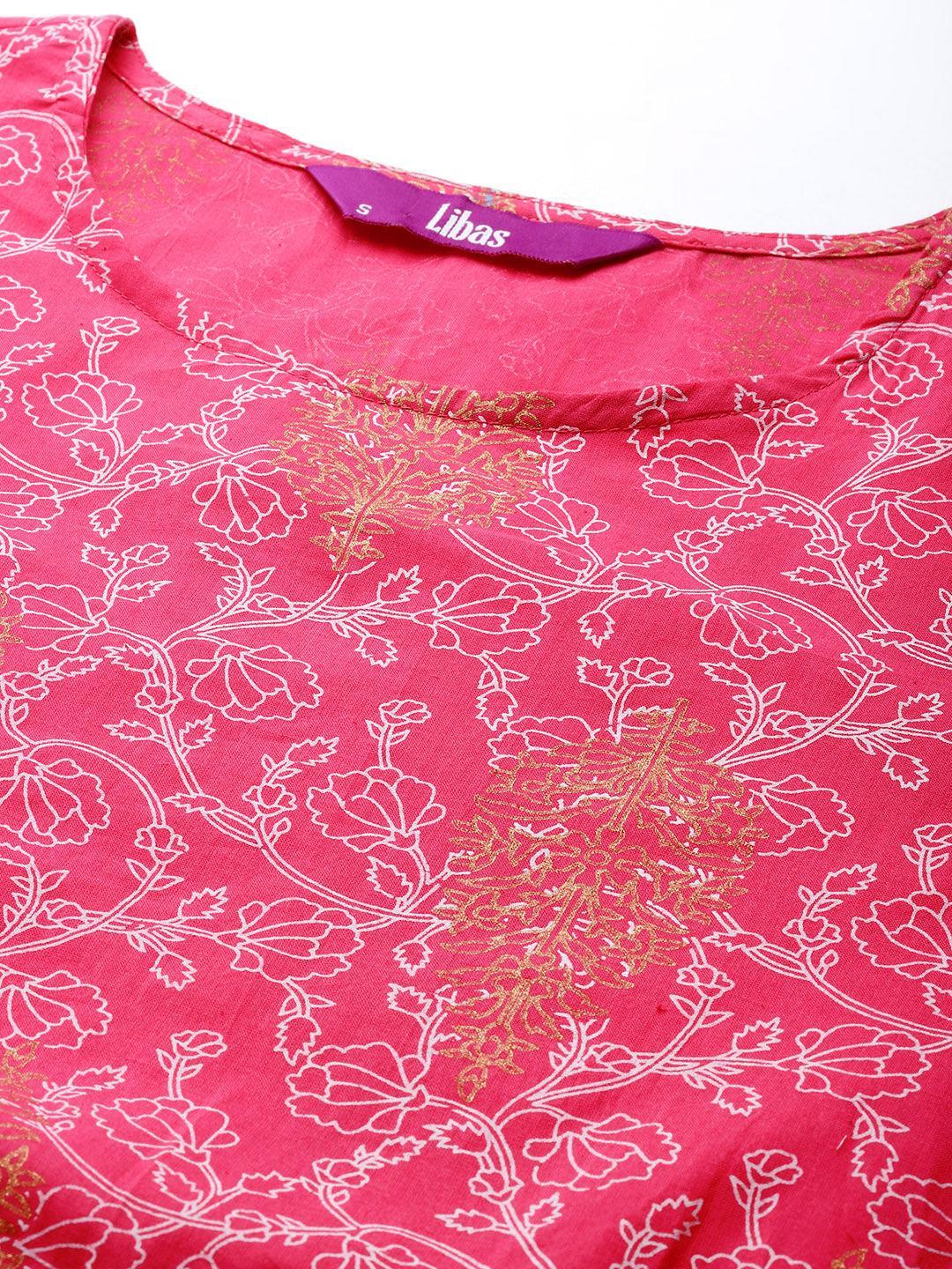 Pink Printed Cotton A-Line Kurta - ShopLibas