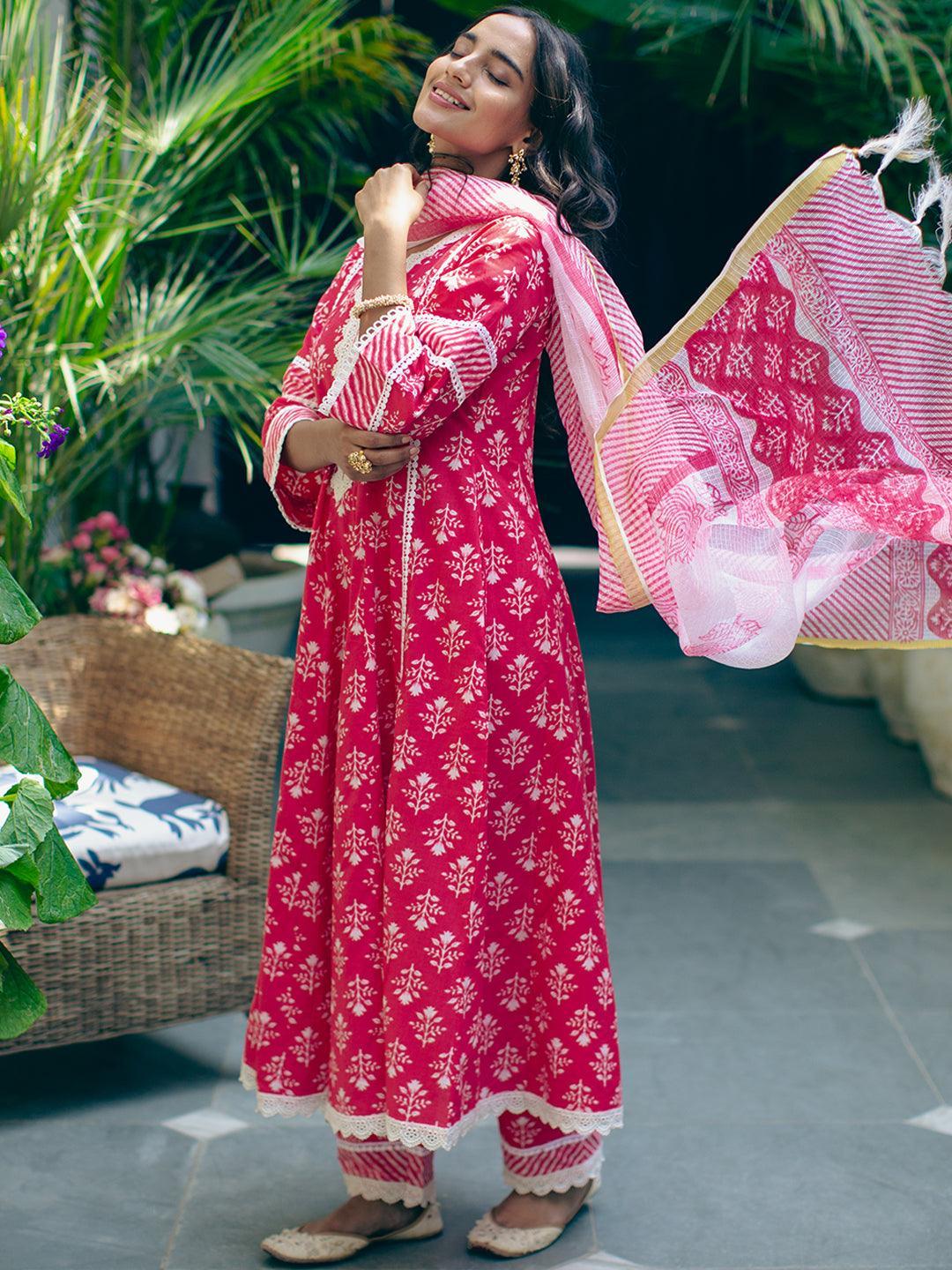 Pink Printed Cotton Suit Set