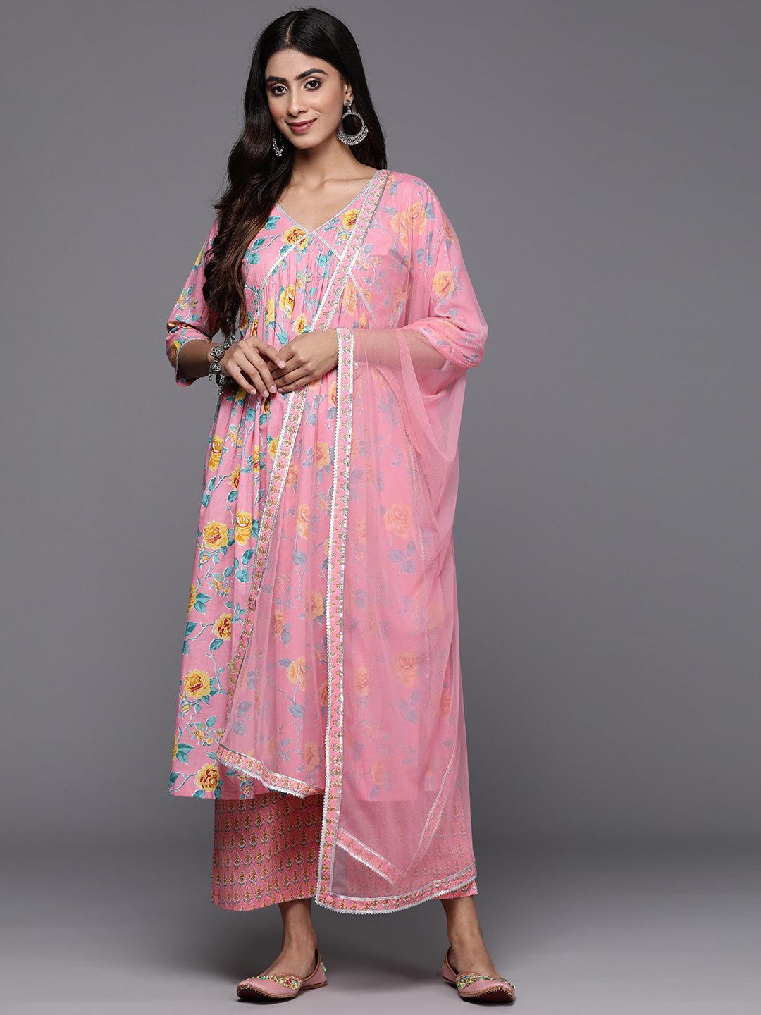 Pink Printed Cotton A-Line Kurta With Palazzos & Dupatta