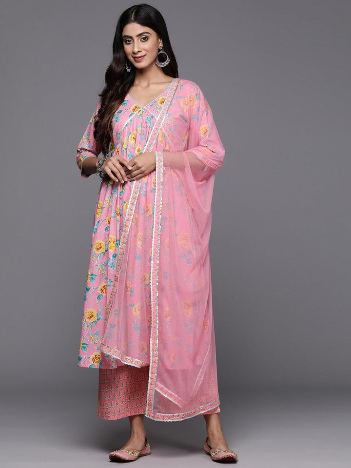 Pink Printed Cotton A-Line Kurta With Palazzos & Dupatta - Libas