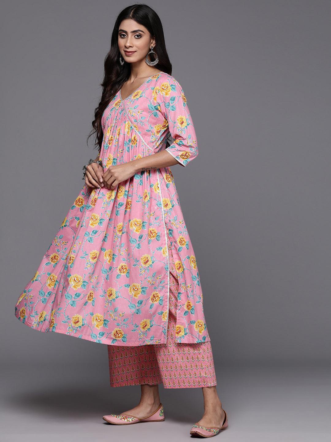 Pink Printed Cotton A-Line Kurta With Palazzos & Dupatta