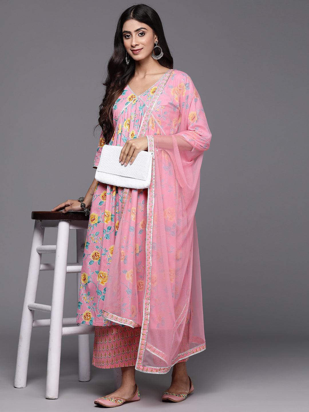 Pink Printed Cotton A-Line Kurta With Palazzos & Dupatta