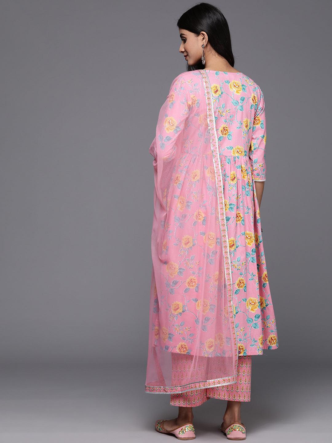 Pink Printed Cotton A-Line Kurta With Palazzos & Dupatta