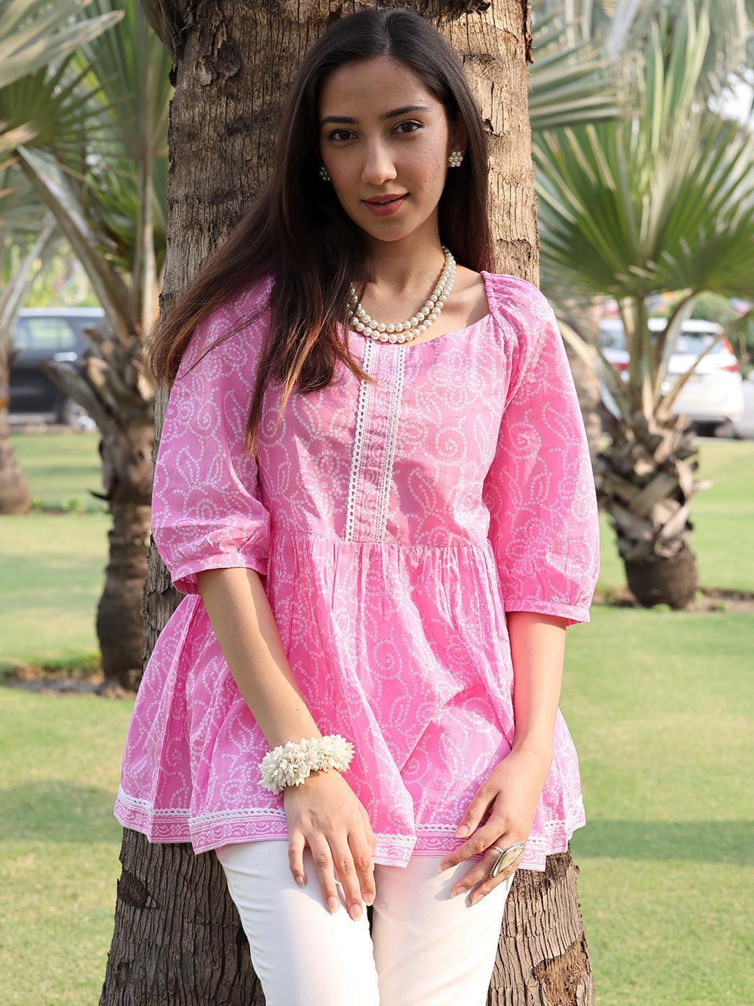 Pink Printed Cotton A-Line Kurti